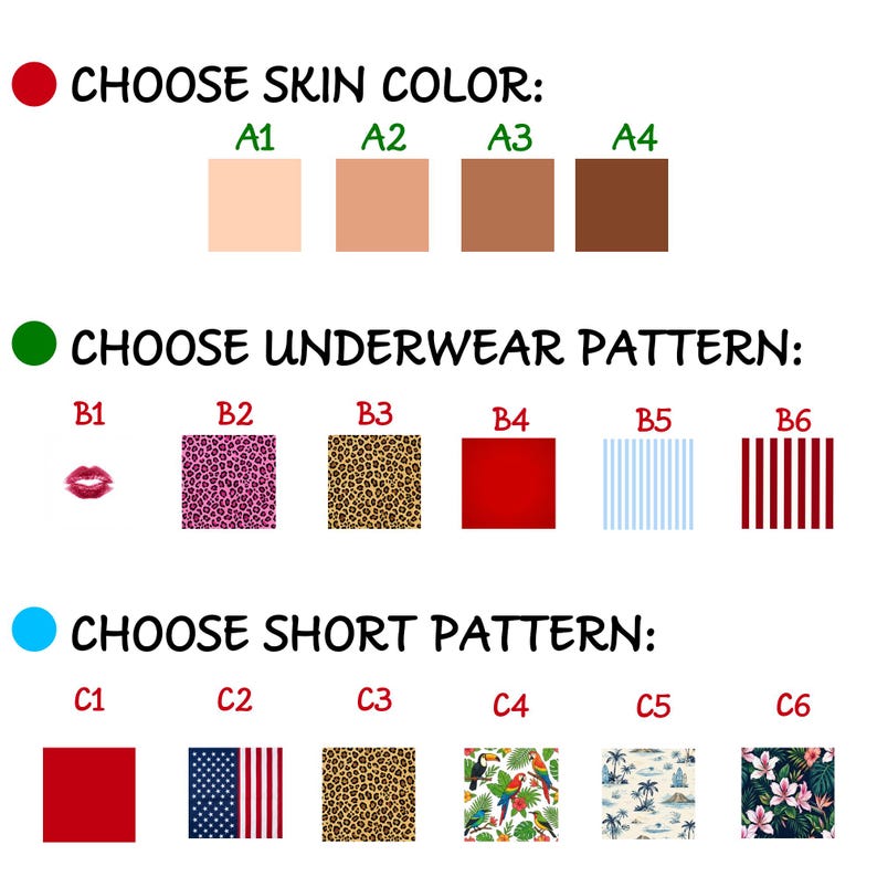 May include: A customisation chart featuring three categories: CHOOSE SKIN COLOUR with four shades labelled A1-A4, CHOOSE UNDERWEAR PATTERN with six options labelled B1-B6 including lips, leopard prints, red, and stripes, and CHOOSE SHORT PATTERN with six options labelled C1-C6.