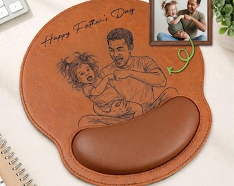 Croquis photo personnalisé dessin au trait cadeau fête des pères pour papa, tapis de souris mari, cadeau fête des pères, bureau photo papa 3D tapis de souris en cuir