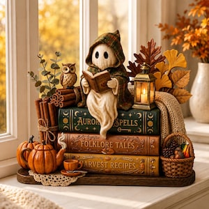 Bloc de bois fantôme lisant, décoration de pile de livres d'Halloween, décoration d'étagère automnale chaleureuse, décoration d'intérieur fantôme effrayante pour l'automne
