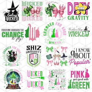 Slechte verandering voorgoed SVG PNG-bundel, trotseren zwaartekracht bezemsteel toverstaf png, slechte muzikale filmfan kerstcadeau, heks roze en groen SVG