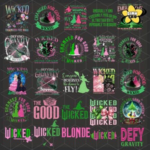 May include: A digital collage of 16 images featuring the Wicked Witch of the West and Glinda the Good Witch from the musical Wicked. The images feature various quotes from the musical, including "Changed for Good", "Defying Gravity", "Everyone Deserves the Chance to Fly", and "Wicked Blonde". The images are in a green and pink colour scheme.