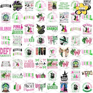 May include: A digital collage of 36 images featuring the Wicked Witch of the West from the musical Wicked. The images feature various quotes from the musical, including "Changed for Good", "Pink goes good with green", "Defy Gravity", and "I know about popular".