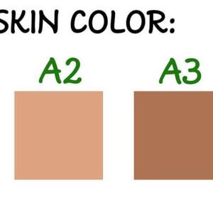 May include: A colour selection chart titled CHOOSE SKIN COLOR with a red circle icon. It displays four square swatches labelled A1, A2, A3, and A4 in green text, ranging from a light peach tone to a deep brown shade for skin colour customisation.