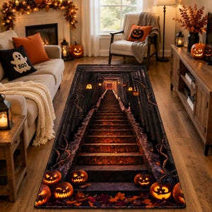 May include: A rectangular area rug featuring a 3D optical illusion of a dark, stone staircase descending into a glowing orange light. The design includes multiple carved jack-o'-lanterns with lit faces, scattered autumn leaves, and dark vines.