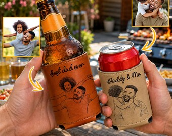 Personalized Dad Photo Sketch Line Art Beer Cooler, Fathers Day Gift for Husband, Daddy Leather Can Cooler, Dad Gift From Kid, Best Dad Ever