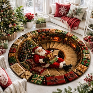 Puede incluir: Una alfombra redonda con una ilustración en 3D de Santa Claus sentado en una escalera de caracol rodeado de regalos envueltos, un árbol decorado, una chimenea y estanterías, creando una ilusión de profundidad en el suelo.