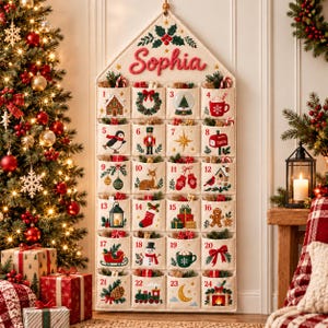 Peut inclure: Un calendrier de l'Avent en tissu crème en forme de maison avec le prénom Sophia brodé en rouge en haut. Il comporte vingt-quatre poches individuelles, chacune numérotée et décorée d'illustrations colorées sur le thème de Noël.