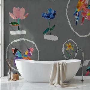 Originelle Papierschnitt Collage Tapete – Bunte Vögel & Blumen auf Anthrazit für Kreative