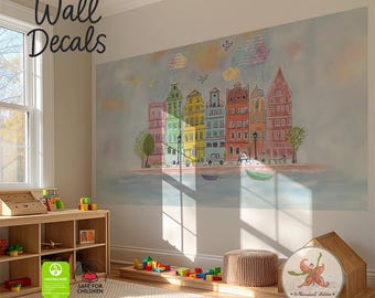 Muursticker aquarel stad: Europese huizen, muurschildering kinderkamer