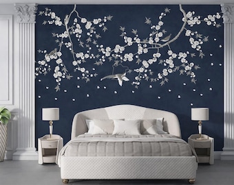 Luxury Chinoiserie Blossom Wall Mural - Midnight Bloom | Elegant Floral Wallpaper
