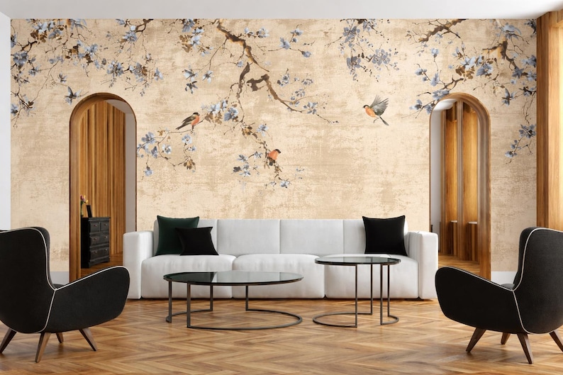 Chinoiserie Bird Wall Mural – Ivory Petal Garden- Elegant Floral Branch ...