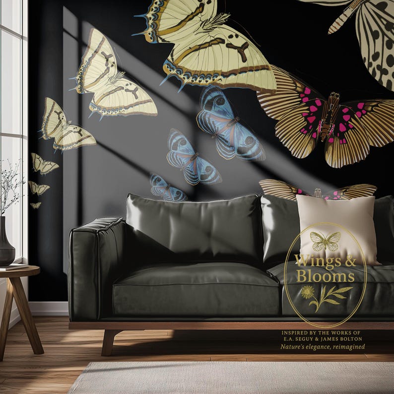 Art Deco Butterfly Wall Mural: Dark Floral Botanical Wallpaper by JARDE ...