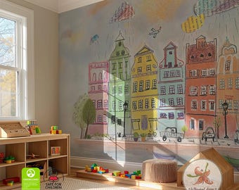Fantasierijke kinderkamermuurschildering: handgetekende kinderbehang, peel & stick