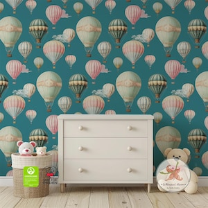Vintage Hot Air Balloon Wallpaper – Teal Sky | Nursery, Kids Room, Peel and Stick Mural
