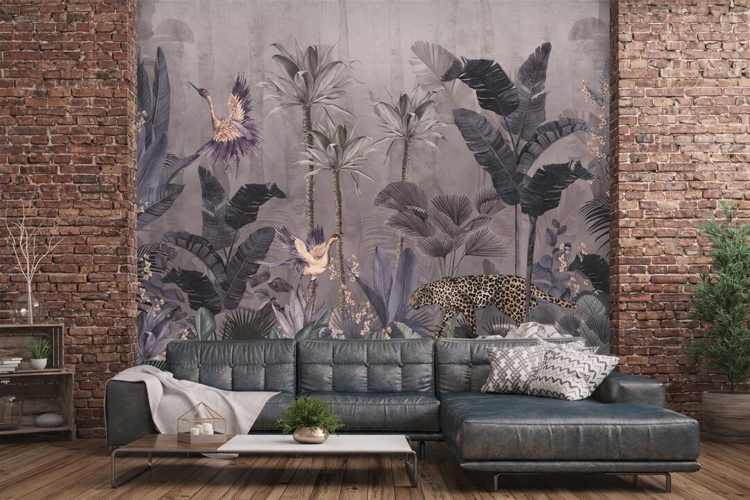 Tropical Jungle Mural Wallpaper – Dusky Orchid - Leopard & Exotic Birds ...