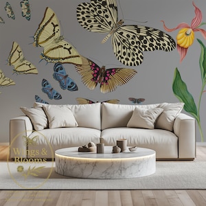 Könnte beinhalten: Ein modernes Wohnzimmer mit einem cremefarbenen Sofa und einem runden Couchtisch aus Marmor. Die Wand ist mit großen Schmetterlingsaufklebern in verschiedenen Farben dekoriert. Der Raum hat eine neutrale Farbpalette mit einem Teppich und Holzboden.