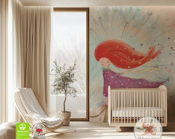 Dandelion Girl Wall Mural: Whimsical Watercolor Nursery Wallpaper - Peel and Stick