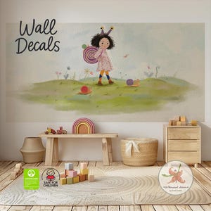 Snail Girl Kids Wall Decal – Colourful Hand-Drawn Nursery Wallpaper, Playroom Art, Self Adhesive