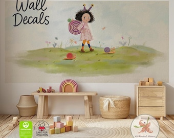 Snail Girl Kids Wall Decal – Colourful Hand-Drawn Nursery Wallpaper, Playroom Art, Self Adhesive
