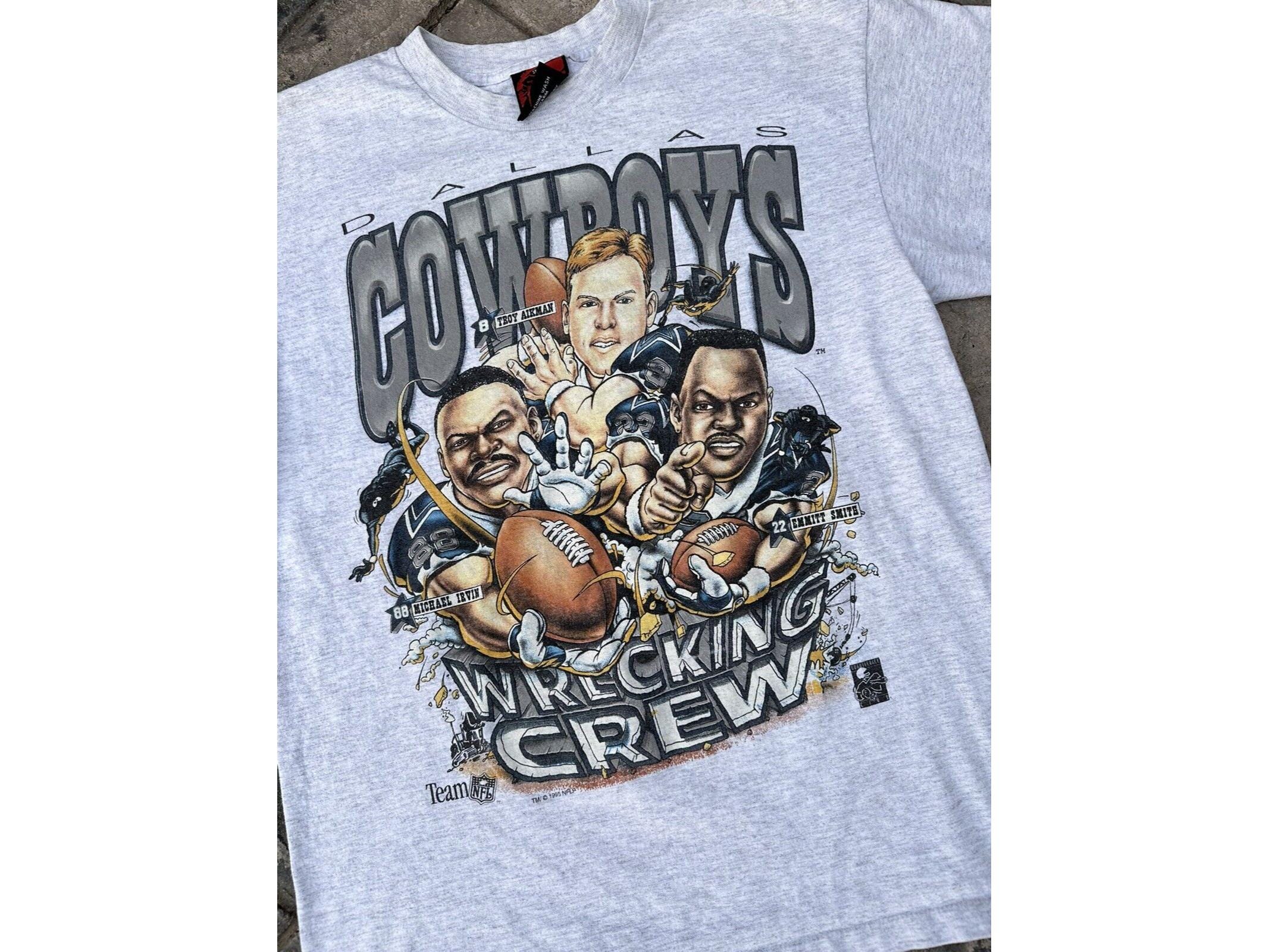 VTG Dallas Cowboys 1995 Wrecking Crew Caricature T-Shirt Size LG Aikman