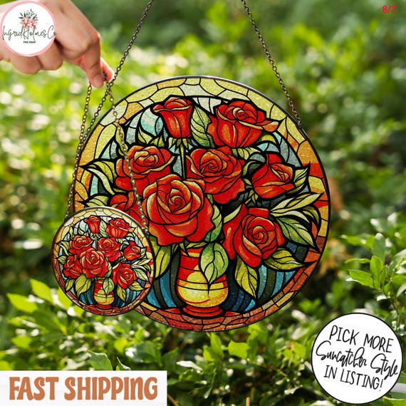 ステンドグラス 真っ赤なバラの壁飾り サンキャツチャー ガラス 薔薇 透明