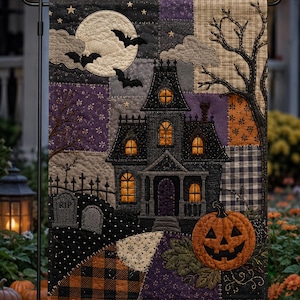 May include: A rectangular garden flag featuring a quilted-style patchwork design of a haunted house scene. The image includes a full moon, flying bats, a dark mansion with glowing yellow windows, a graveyard with tombstones, and a jack-o'-lantern.