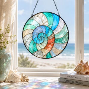Stained Glass Shell Spiral Suncatcher, Coastal Beach Window Decor, Vibrant Maritime Ornament