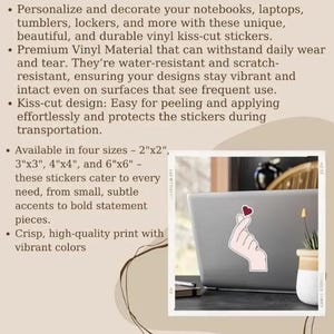 May include: A laptop with a sticker of a hand making a heart shape. The image also shows a small plant in a white pot and a pen. The text on the left describes vinyl kiss-cut stickers available in four sizes.