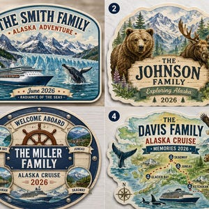 May include: Four rectangular and shaped decorative signs featuring Alaska cruise themes. Designs include The Smith Family, The Johnson Family, The Miller Family, and The Davis Family with illustrations of cruise ships, mountains, glaciers, whales, bears, and maps.