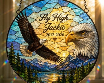 Łapacz słońca z witrażu Fly Free Jackie, zawieszka na okno w hołdzie orłowi Jackie, prezent w kształcie orła Big Bear, ozdoba pamiątkowa z orłem bielikiem