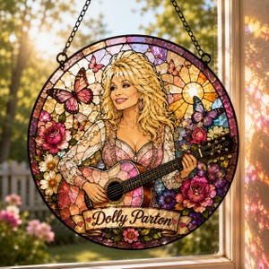 Dolly Parton Stained Glass Suncatcher, Tropical Floral Window Decor, Dolly Parton Gift, Butterfly Suncatcher, Gift for Her, Hibiscus Decor