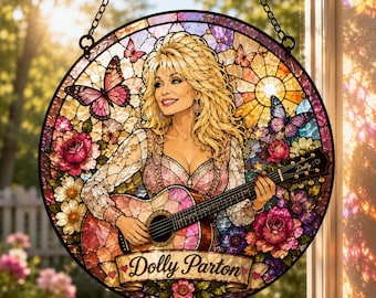 Dolly Parton Stained Glass Suncatcher, Tropical Floral Window Decor, Dolly Parton Gift, Butterfly Suncatcher, Gift for Her, Hibiscus Decor