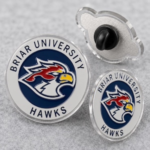 May include: Three Briar University Hawks pins. The pins feature a white, navy blue, and red logo of a hawk's head with the words "Briar University" and "Hawks" in white text. One pin is round, one is oval, and one has a pin back.