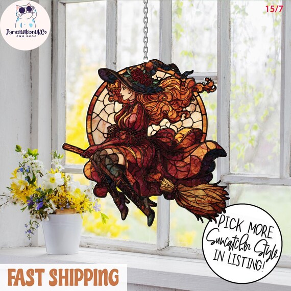 Witch Acrylic Suncatcher Halloween Flying Witch Window Hanging, Moon