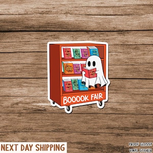 Ghost reading book sticker, Halloween Kindle sticker, Bookish booktok decal, Book lover reader spooky bookworm gift, Waterproof, Pumpkin cat