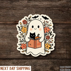 Halloween Ghost Sticker, Cute Bookish Ghost With Cat, Ghost Read Book Sticker, Floral Ghost, Vinyl E-Reader, Kindle Sticker, Bookish Gift