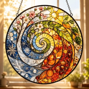May include: A circular stained glass suncatcher featuring a spiral design representing four seasons. It displays pink cherry blossoms, a bright yellow sun, green leaves, orange and red autumn foliage, and blue winter snowflakes with clear glass accents.