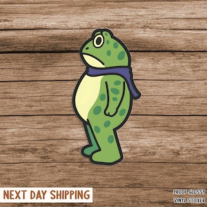 May include: A green vinyl sticker of a cartoon frog with a downcast expression, wearing a purple scarf. The frog has green spots and a yellow belly. The sticker is on a wooden background. The text "NEXT DAY SHIPPING" and "PROOF GLOSSY VINYL STICKER" are at the bottom.