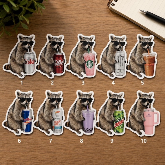 Raccoon Drinking Iced Coffee Sticker Or Magnet | Funny Animal Meme Decal For Laptop, water bottle stickers