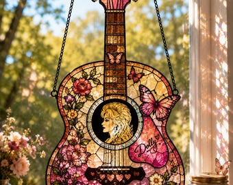 Dolly Parton Guitar Suncatcher, Pink Country Music Stained Glass, Butterfly Western Window Decor