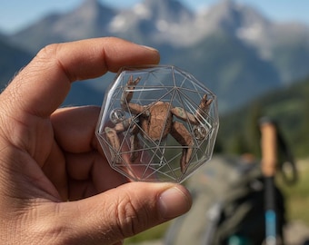 Könnte beinhalten: Ein klares, geometrisches Objekt mit einer braunen, stilisierten Kreatur im Inneren, gehalten in einer Hand. Der Hintergrund zeigt Berge und einen blauen Himmel. Die Kreatur hat ein detailliertes, strukturiertes Aussehen.