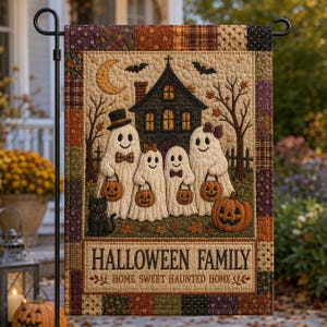 Puede incluir: Una bandera de jardín acolchada rectangular con una casa encantada, una luna creciente, murciélagos y cuatro fantasmas que sostienen cubos de calabaza. Un gato negro está sentado cerca. El texto dice HALLOWEEN FAMILY y HOME SWEET HAUNTED HOME.