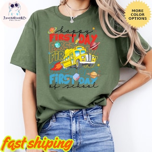 Camiseta &quot;Feliz primer día de clases&quot; del autobús escolar mágico, camiseta del equipo de profesores, sudadera para el primer día de clases, regalo para la vuelta al cole, profesor divertido