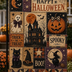 Puede incluir: Una bandera de jardín rectangular con un diseño de patchwork con motivos de Halloween que incluyen una casa encantada, una calabaza, un gato negro, un fantasma y una bruja en una escoba. El texto dice Happy Halloween, Trick or Treat, Spooky y Boo.