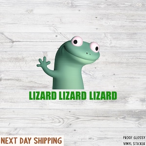 May include: A green cartoon lizard with pink eyes and a friendly expression, waving its hand. The word "LIZARD" is repeated three times in green text below the lizard. The background is a white wood grain pattern.
