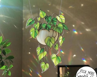 Stained Glass Hanging Plant Suncatcher, Green Leaf Window 2D Decor, Ivy Plant Glass Art, Nature Sun Catcher, Gift for Her