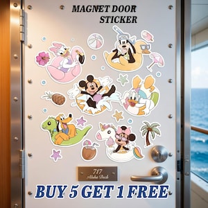 May include: A collection of colorful magnet door stickers featuring cartoon characters enjoying summer activities. The stickers include Mickey Mouse, Donald Duck, Goofy, and others, with text that reads "MAGNET DOOR STICKER" and "BUY 5 GET 1 FREE".