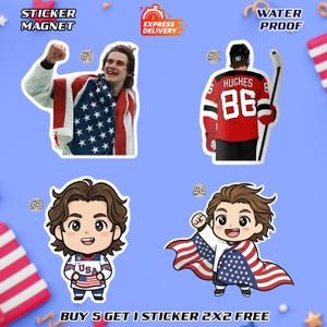 May include: A collection of sticker magnets featuring hockey players and cartoon characters. The stickers include images of a player in a USA flag, a hockey player in a red jersey with the number 86, and cartoon characters with USA flag elements. The stickers are water proof.