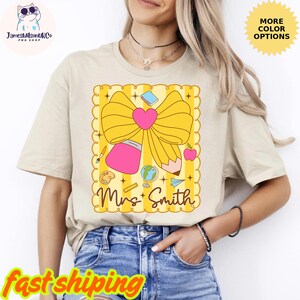 Personalized Back to School Teacher T- Shirt, Retro Teacher Coquette Pencil Bow Tee, First Day of School Teacher Gift, Teacher Matching Tees
