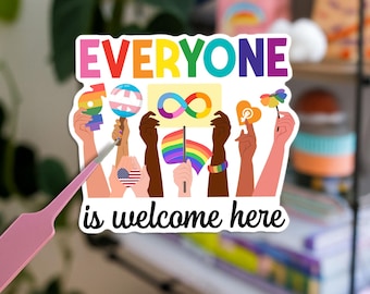 Iedereen is welkom hier automagneet of bumpersticker, DEI diversiteit gelijkheid inclusie vriendelijkheid, anti-troef liberale gift, feministische sticker